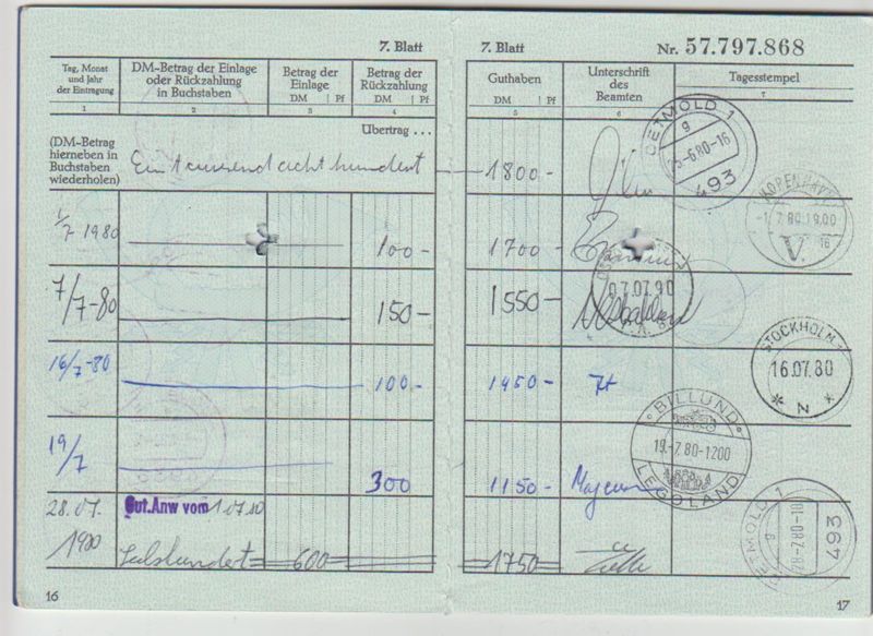 Sparbuch, Postsparbuch der Deutschen Bundespost, entwertet