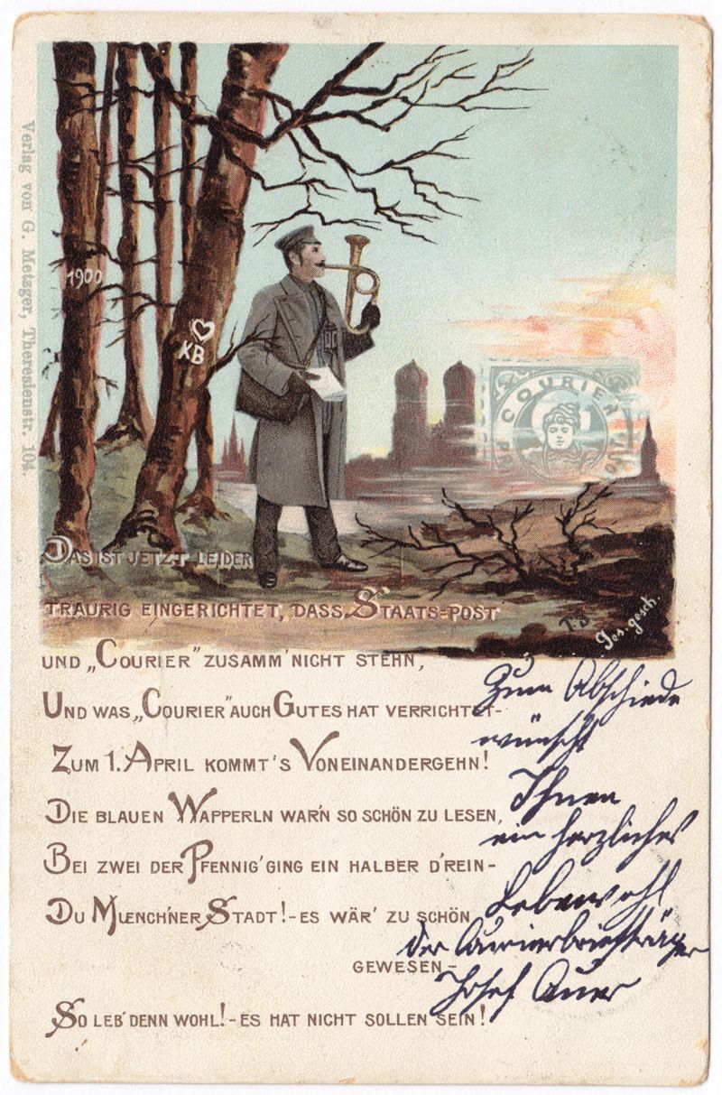 Postkarte aus München mit der Privatpostmarke München (Deutschland/Privatpost) Privat-Stadtpost COURIER Nr. 5