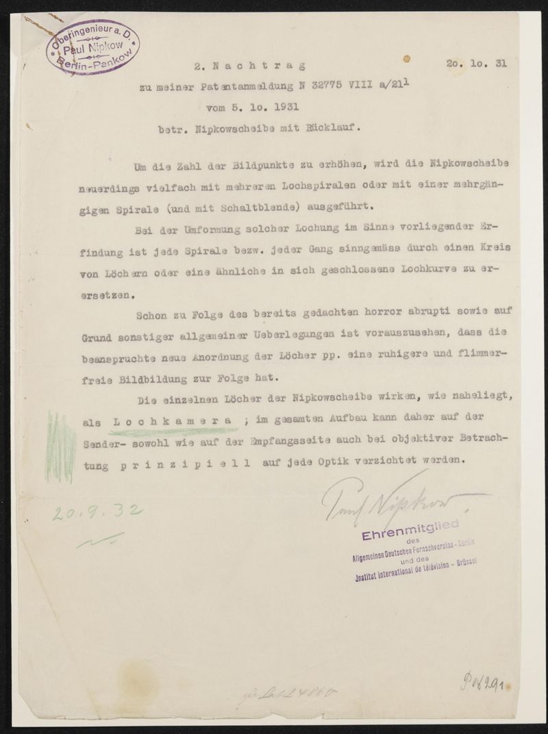 Typoskript der Patentanmeldung N 32775 VIII a / 21a¹ Nipkowscheibe mit Rücklauf mit zwei Nachträgen