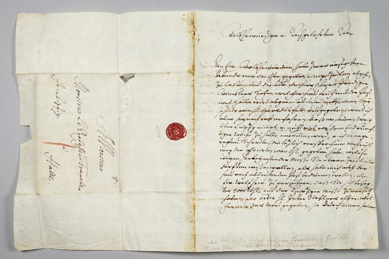 Brief von Jacob Wilhelm von Imhof aus Nürnberg an August Hermann Francke in Halle mit franco-Vermerk bis Leipzig und Rötelstrich als Beförderungsentgeltnotiz
