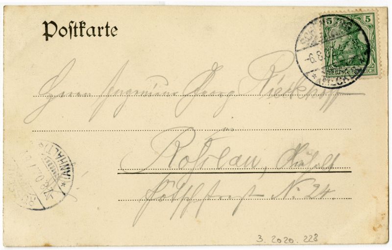 Ansichtspostkarte. Gruss aus Schönberg i.M., Postgebäude der Kaiserlich Deutschen Reichspost und Wieschendorfs Hotel, gelaufen