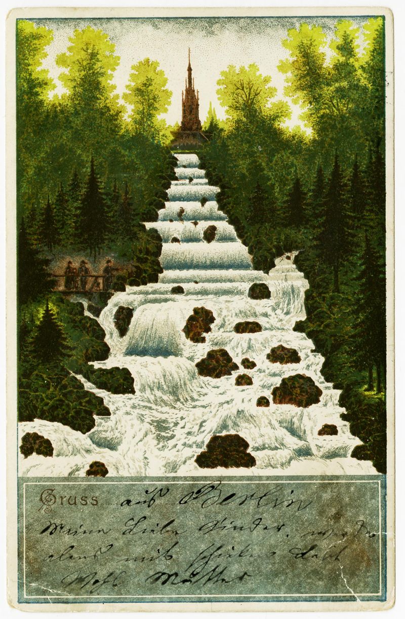 Ansichtspostkarte. Radiumansichtskarte, Halte-gegen-das-Licht-Karte, Gruss aus, Wasserfall im Viktoriapark Berlin/Kreuzberg, gelaufen