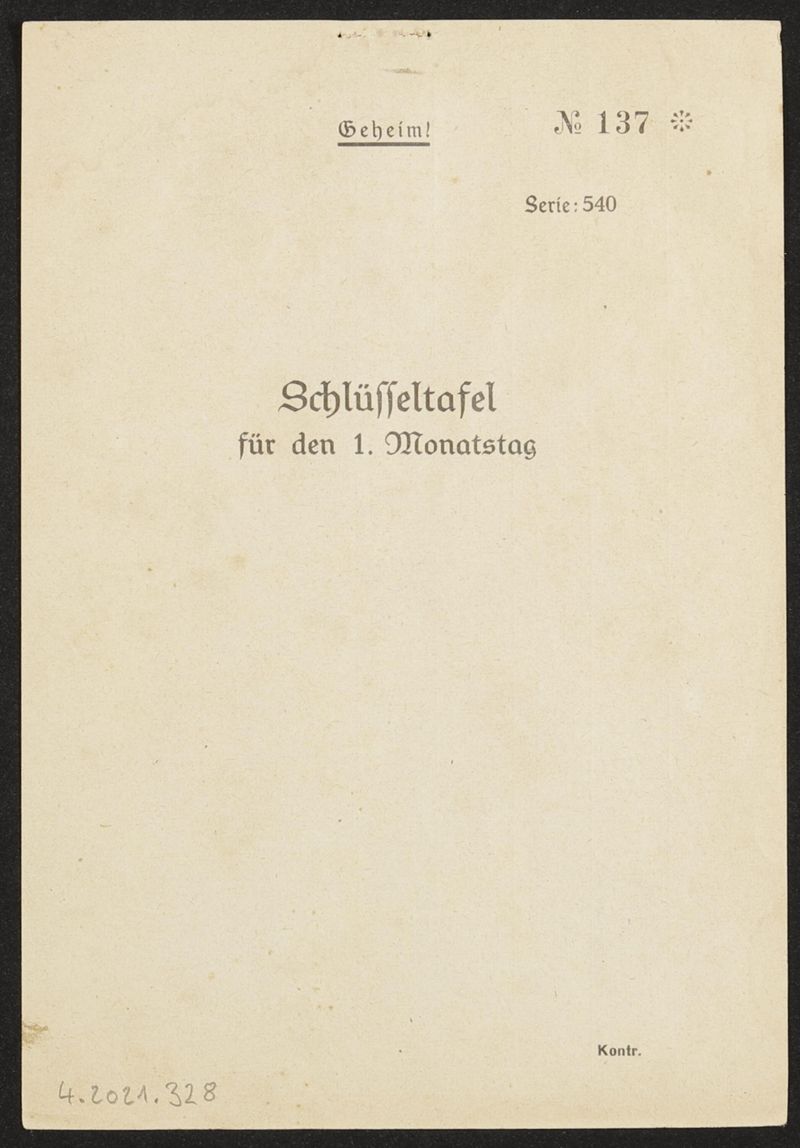 Schlüsseltafel zur Heeressignaltafel für den ersten Monatstag aus dem Zweiten Weltkrieg