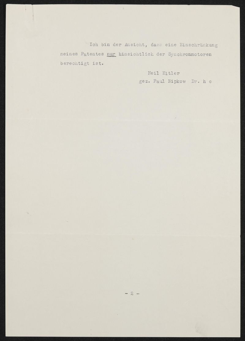 Abschrift eines Einschreibens an die Siemens Halske AG zur Nichtigkeitsklage der TeKaDe bezüglich DRP 498 415 - erneute Prüfung der Angelegenheit wegen fehlender Kathodenstrahlen und Braunscher Röhre