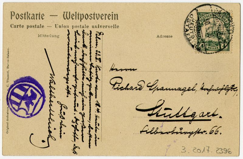 Ansichtspostkarte. Kolonialpost, Sachsenwald-Partie in Daressalm, Deutsch-Ostafrika, gelaufen