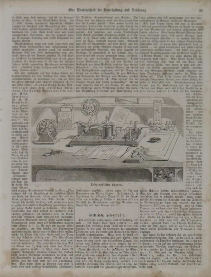 Holzstich Telegraphischer Apparat mit Telegrafentisch, Morseschreiber, Telegrammen und Zubehör