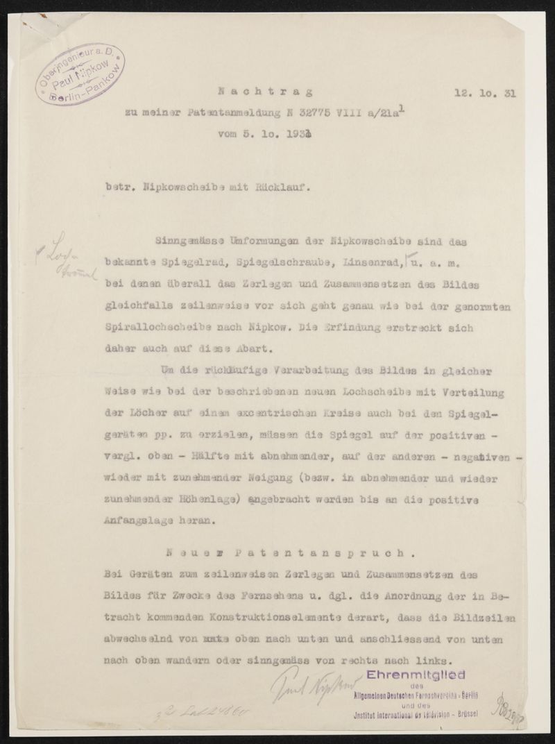 Typoskript der Patentanmeldung N 32775 VIII a / 21a¹ Nipkowscheibe mit Rücklauf mit zwei Nachträgen
