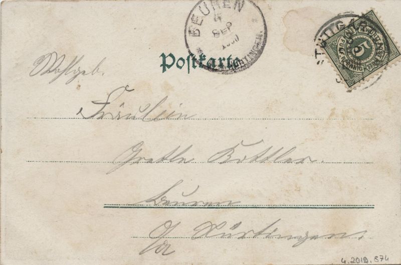 Postkarte von August Friehs in Stuttgart an Grete Kottler in Beuren mit Nachricht in verschlüsselter Schrift