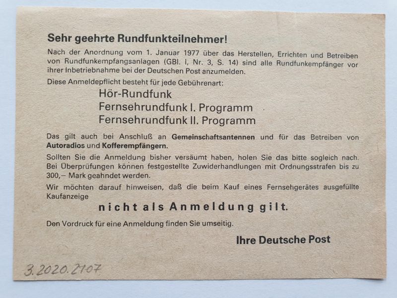 Archivalie, Formular Anmeldung Fernsehen der Deutschen Post der DDR