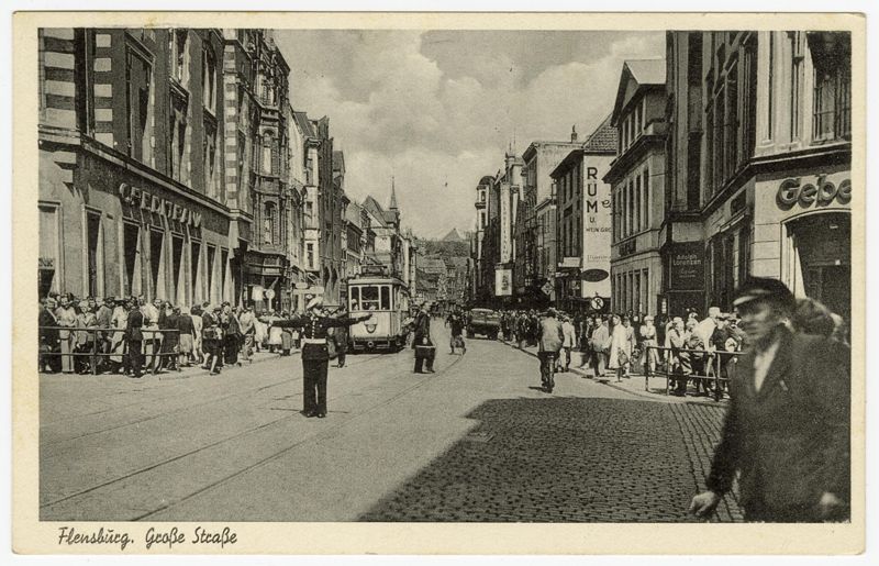 Ansichtspostkarte, Flensburg, Große Straße, Straßenverkehr, gelaufen