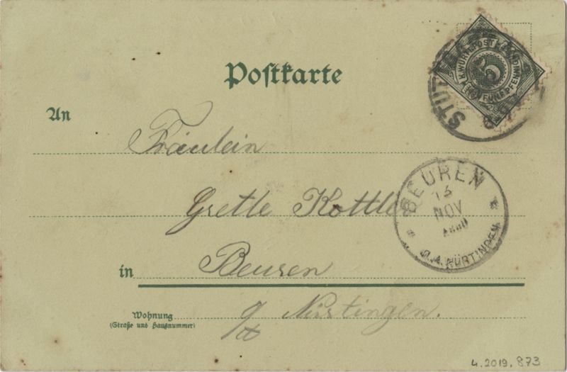 Postkarte von August Friehs in Stuttgart an Grete Kottler in Beuren mit Nachricht in verschlüsselter Schrift