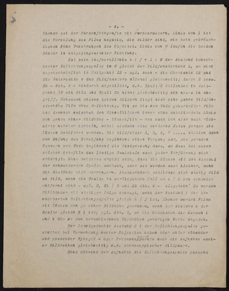 DRP 388005 (N 19954 VI / 57a²) Aufnehmen und Wiedergeben bewegter Bilder mit stetiglaufendem Bildband (Fernkinomatograph, hier als Lichtlinienkino bezeichnet) - Abschrift der Patentanmeldung, 5 Blätter