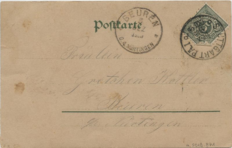 Postkarte von August Frieß an Grete Kottler in Beuren mit Nachricht in verschlüsselter Schrift