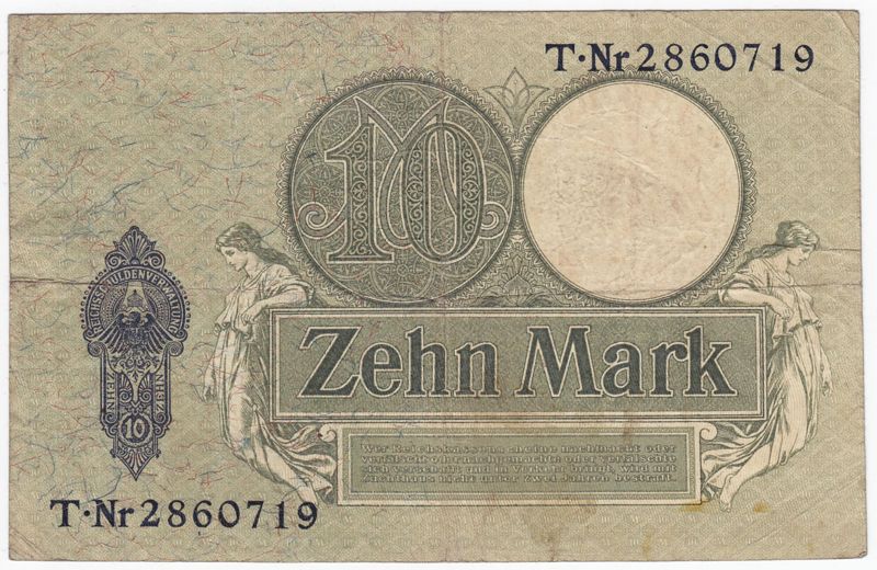 Banknote, Reichskassenschein des Deutschen Reiches über Zehn Mark
