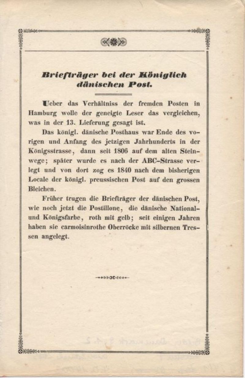 Kreidelithografie Briefträger und Postillion beim königlich dänischen Postamt in Hamburg, 1847, mit beigefügtem Textblatt