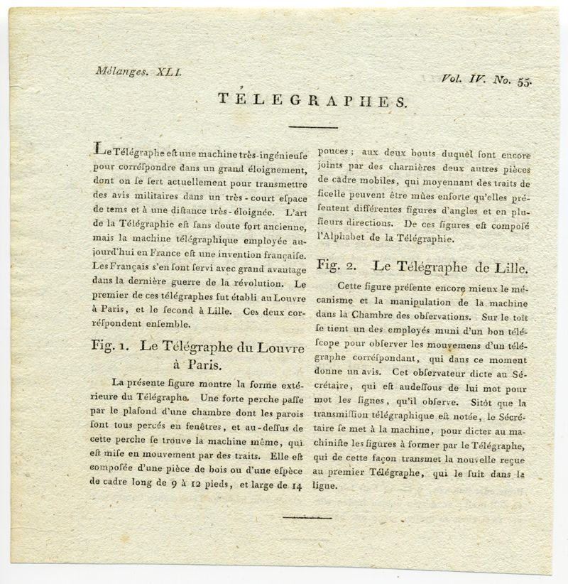 Textblatt Telegraphen aus Bertuchs Bilderbuch für Kinder mit Beschreibung des optischen Telegrafen auf dem Louvre in Paris und in Ryssel (Lille)