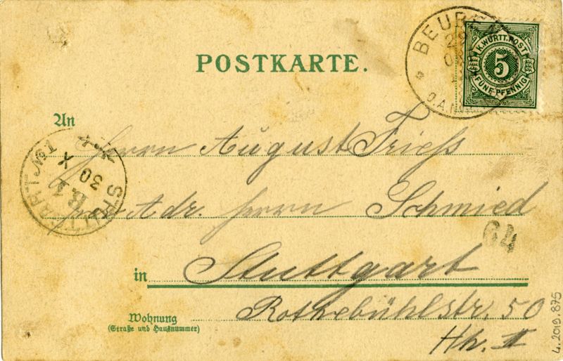 Postkarte von Grete Kottler in Beuren an August Frieß in Stuttgart mit Nachricht in verschlüsselter Schrift