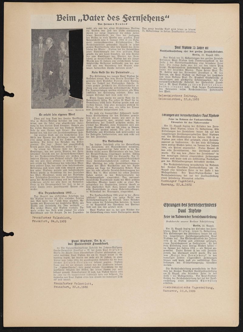 Album mit 625 Zeitungsartikeln und Pressebildern vom 70., 75. und 80. Geburtstag von Paul Nipkow und vom Staatsakt in der Universität Berlin im August 1940, 101 Bögen