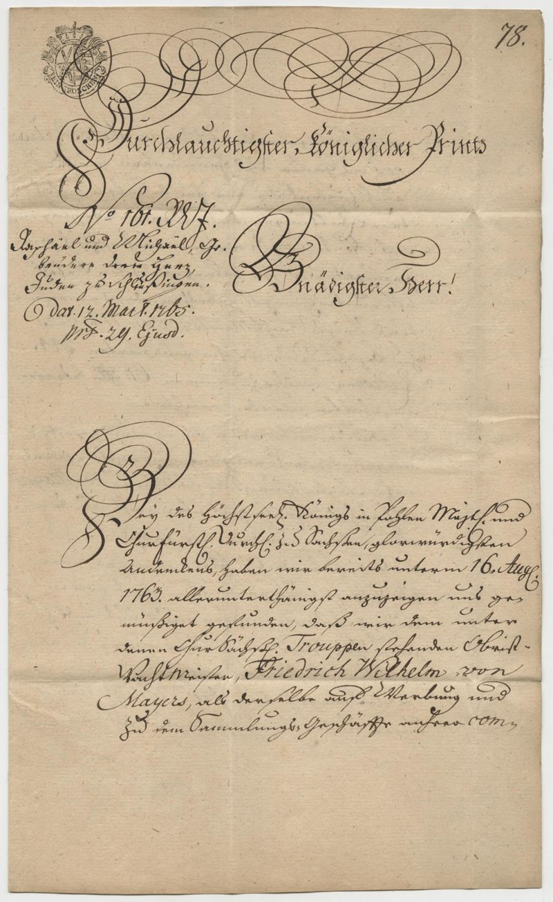 Altbrief, Brief mit Briefinhalt an Prinz Xaver von Sachsen in Dresden, betr. Beschwerde von Raphael und Michael Hertz aus Schleusingen, dass der Obrist-WachtMeister von Mayers die austehenden 61 Thaler für Hafer und Heu noch nicht gezahlt hat