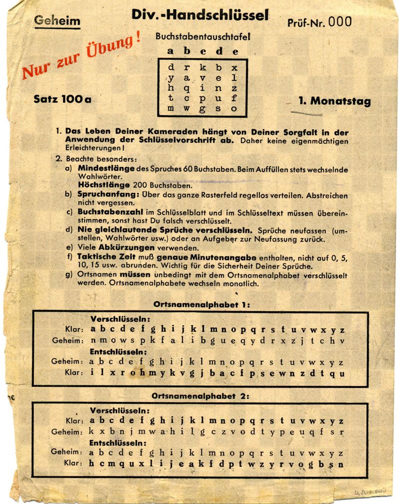 Schlüsselblock für den Rasterschlüssel 44 der Deutschen Wehrmacht (RS44) und vier Handschlüssel zum Üben