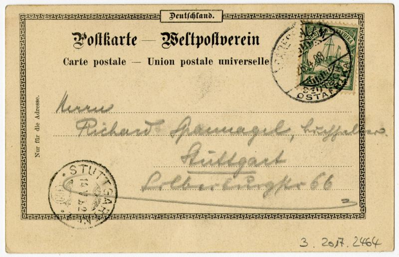Ansichtspostkarte. Kolonialpost, Daressalam, Deutsch-Ostafrika, Mehrfachansicht: Waldschlösschen, Ringstraße, Magogoni, gelaufen