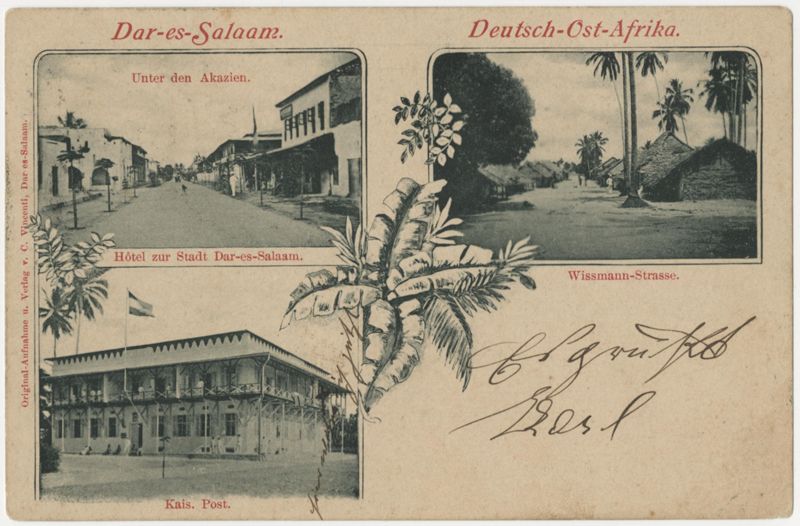 Ansichtspostkarte. Kolonialpost, Tansania, Daressalam, Deutsch-Ostafrika, Mehrfachansicht: Unter den Akazien, Wissmann-Strasse und Außenansicht des Postgebäudes der Kaiserlich Deutschen Reichspost, gelaufen