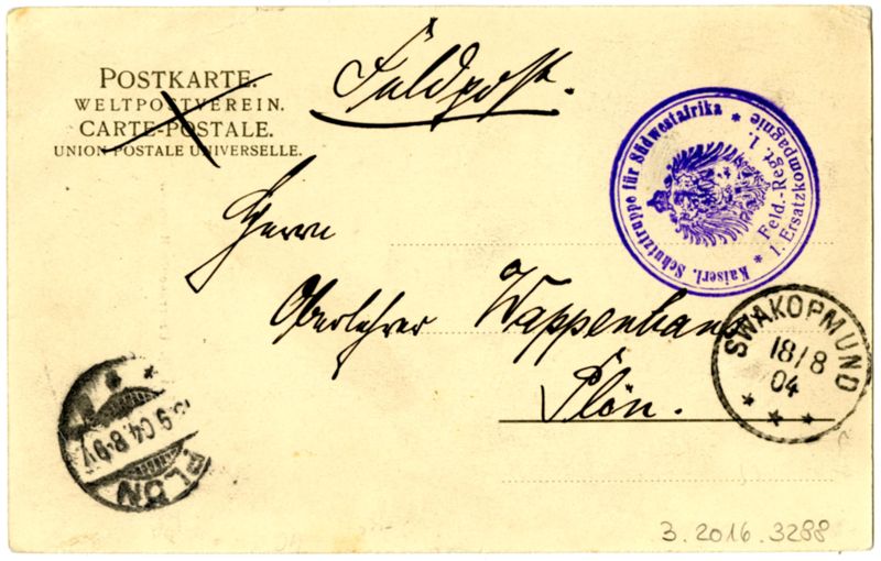 Ansichtspostkarte. Kolonialpost, Feldpostkarte, Überraschte Herreros, Soldaten der Schutztruppe des Deutschen Heeres in Deutsch-Südwestafrika nehmen Herreros gefangen, gelaufen